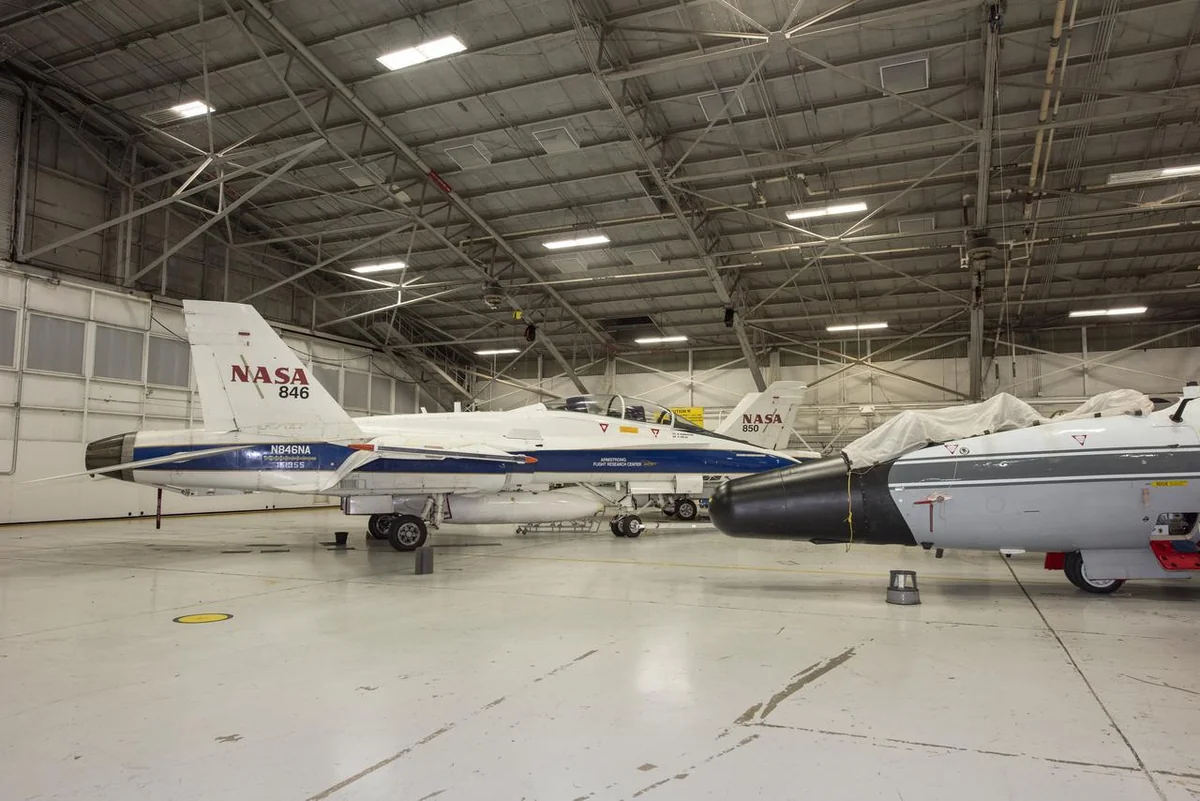 Photograph: NASA / Carla Thomas F/A-18 research aircraft inside an aerospace hangar